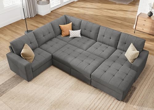 Image of HONBAY Sleeper Sofa Bed with Storage Chaise, Sectional Couch with Pull Out Bed, U Shaped Sectional Sleeper Sofa Couch, Grey