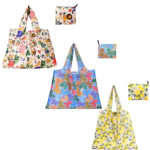 Reusable Grocery Bags 3 Pack Foldable Fashion Washable Shopping Bags Large Boho Gifts Tote Bags With Handles and Storage Pouch for Women Groceries Holiday Shopping, Bulk Market Cloth Storage Bags (A)