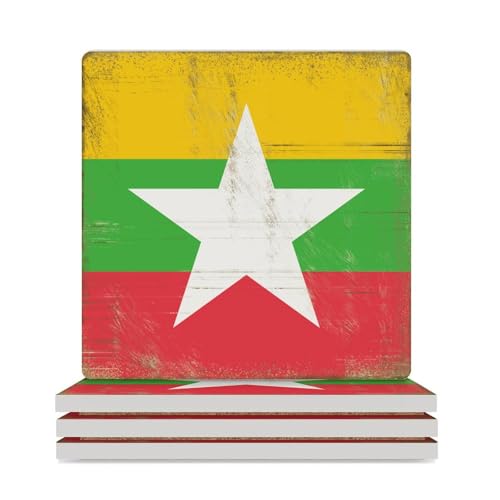 Lot de 4 sous-verres carrés absorbants vintage avec motif drapeau national de la Birmanie avec base pour la maison, dessous de verre pour boissons, bar, cuisine