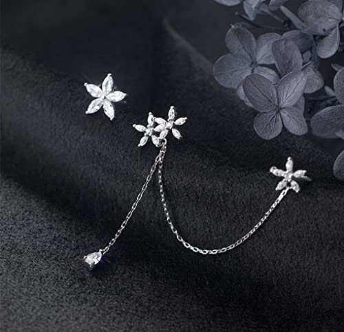 SLUYNZ 925 Sterling Silver Daisy Flowers Cuff Earrings Chain for Women Asymmetric CZ Daisy Earrings Crawler Dangling Chain4