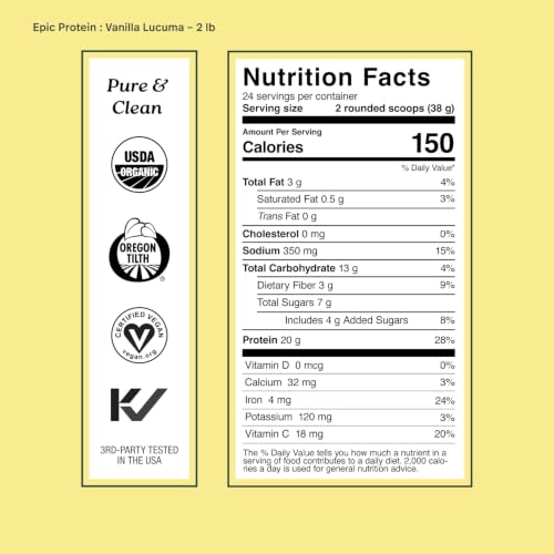 Image of Sprout Living Epic Protein, Plant Based Protein & Superfoods Powder, Vanilla Lucuma Powder | 20 Grams Organic Protein Powder, Vegan, Non Dairy, Non-GMO, Gluten Free, Low Sugar (2 Pound, 24 Servings)