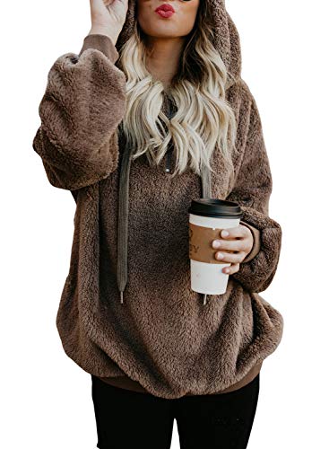 Actloe Women Casual Loose Fuzzy Hoodie Pullover Sweatshirt Cozy Outwear with Pockets Coffee X-Large