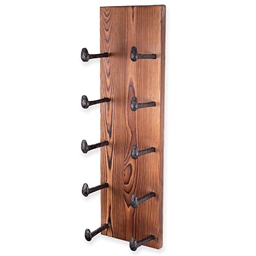 Rustic State Alicante Wall Mounted Reclaimed Wood Vertical Wine Rack Holder Shelf Organizer With Railroad Spike Cast Iron Hooks For 5 Bottles - Home, Kitchen, Dining Room Bar Décor - Walnut #TOP2