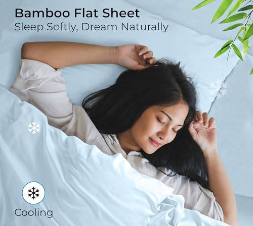 Image of Royale Linens Bamboo Viscose Twin Flat Sheets Only - Cooling Sheets - Organic Viscose Derived from Bamboo - Flat Sheet Only - Top Sheet - Breathable & Silky Bedding (Twin, Lake Blue)