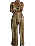 FLORAL PIG Metallic Gold Pleated Wide Leg Jumpsuit, Spaghetti Strap Evening Party Romper (Gold, XL)