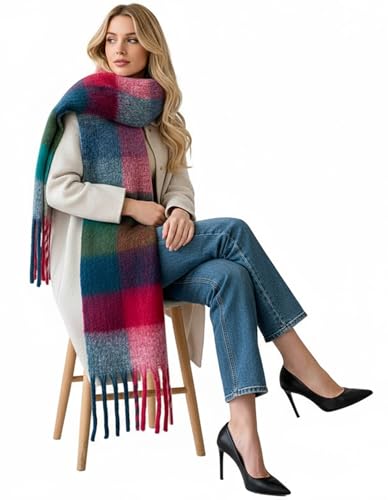 PAMEILA Scarf for Women Winter Warm Long Shawl Large Scarves Cold Weather Thick Blanket Scarfs Colorful Plaid,02 Purple Red Green