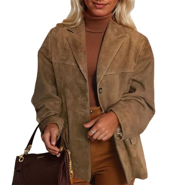 IVERIRMIN Womens Buttoned Suede Jacket Blazer Casual Vintage Long Sleeve Notch Lapel Collar Trenchcoat Business Blazers