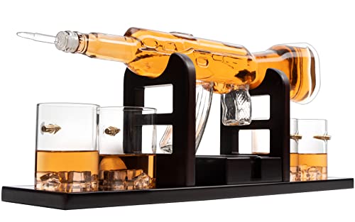 Krown Kitchen - Gun Whiskey Decanter Set. Includes Whiskey Glasses, Coasters, And Wood Base. Perfect Dad Gifts. For Bourbon, Scotch, Liquor, 850Ml #TOP4
