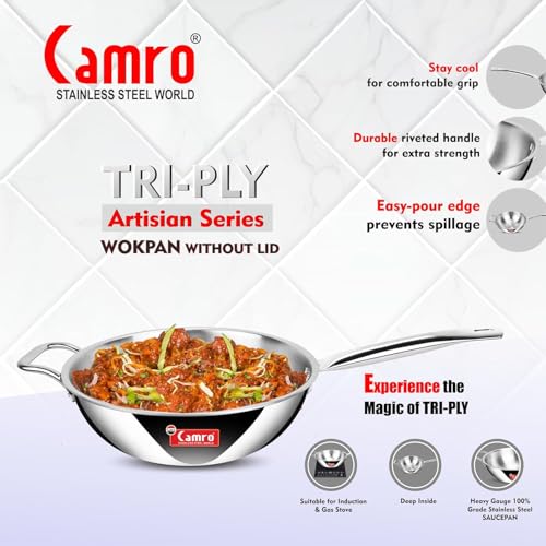 Image of Camro Triply Artisian Wok Pan 24 Cm, 3.1 Liters | Heavy-Duty Kadai for Noodles, Fried Rice Perfect Grip Traditional Chinese Cooking | Dishwasher Safe | 6 Years Warranty