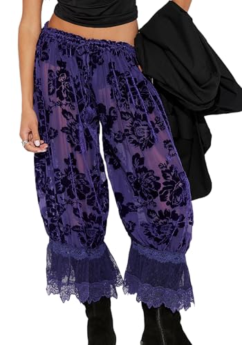 Image of UAURORAO Women Lace Trim Bloomer Pants Flowy Culottes Pantaloons Bloomers