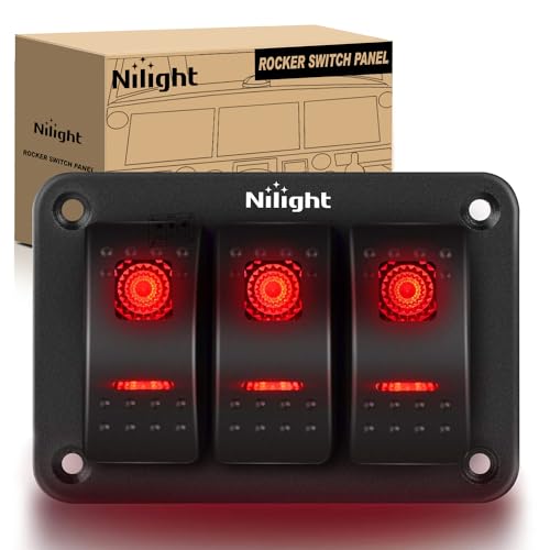 Image of Nilight - 90019C 3 Gang Aluminum Rocker Switch Panel Toggle Dash 5 Pin ON /Off Pre-Wired Rocker Switch Red Backlit Switch for Automotive Car Marine Boat RV,2 Years Warranty