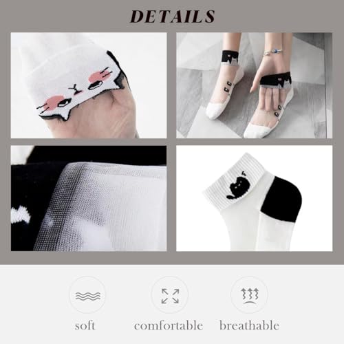 Image of Women Sheer Mesh Ankle Socks Thin Nylon Transparent Novelty Black White Cat Sock 5 Pack for Girls