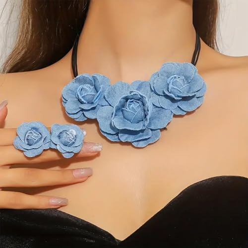Flower Choker Necklace Denim Earrings Set Handmade Boho Chic Blue Floral Statement Jewelry Accessories Summer Beach Party Prom Gifts for Women2