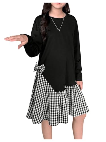 SweatyRocks Girl's Bowknot Plaid Dress Long Sleeve Crewneck Patchwork Asymmetrical A Line Dresses4
