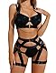 Avidlove Unterwäsche Frauen Reizwäsche Sexy Dessous Curvy Nachtwäsche Push Up BH mit Bügel Slip Verstellbar Strapsen Schwarz L