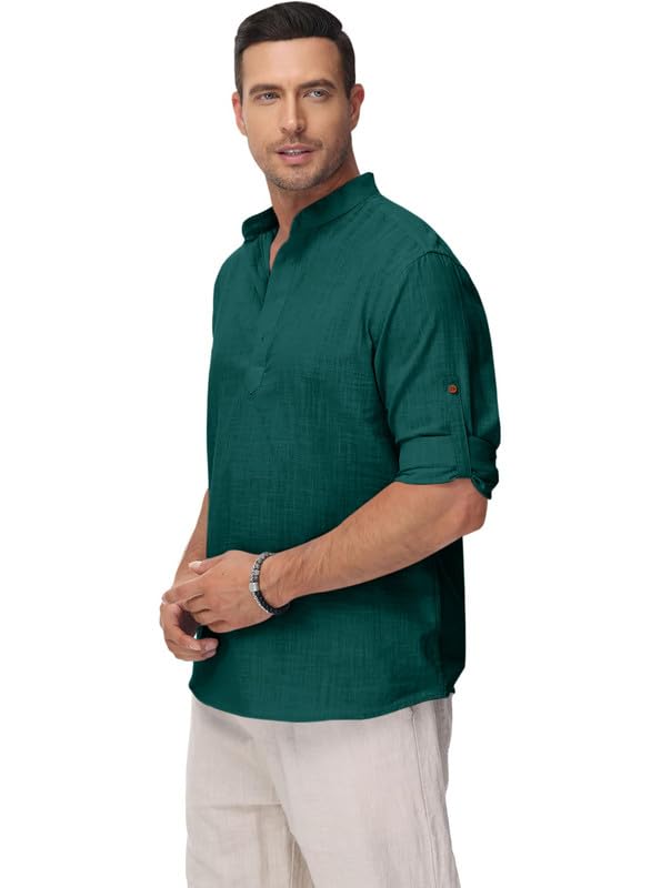 Image of Macsivo Men's Cotton Blend Solid Short Kurta with Regular Lenth Mandarin Collar Short Button Placket Rolled up and Full Sleeves Kurta for Men