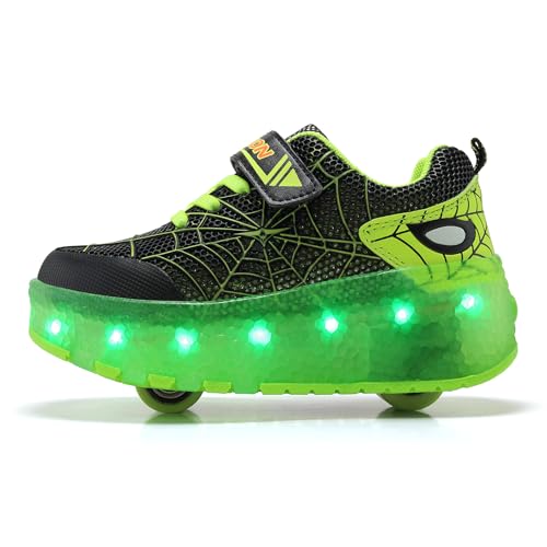 2 Wheels Shoes Kids Simple Roller Skate Shoes with Light Up Rechargeable USB Rechargeable Flashing Sneakers for Christmas Growth Gift Size 6 Big Kid Black Green