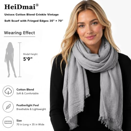 Image of Lightweight Cotton Blend Scarf for Women Men | Large,Breathable,Thin,Soft,Crinkle Scarf,Hijab Head Wrap,NeckScarf,Everyday,Travel Scarf,Summer Dress Scarves Holiday Gift