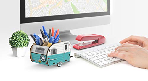 Image of Genuine Fred HAPPY CAMPER Vintage Camper Pencil Holder, White and Blue, Retro Desk Organizer- Great Gift for Coworkers and Travel Enthusiasts - Functional Desk & Cubicle Accessory