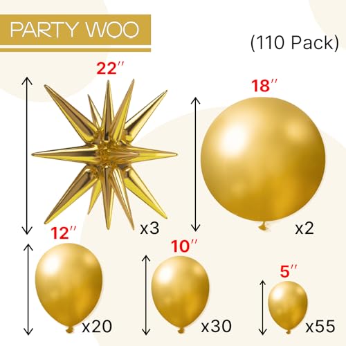Image of PartyWoo Metallic Gold Star Balloons 110pcs Different Sizes 18 12 10 5 Inch Pack 22 Inch Gold Spike Star Explosion Foil Mylar Balloon Arch Kit for Birthday Engagement Party Decorations Gold-G101