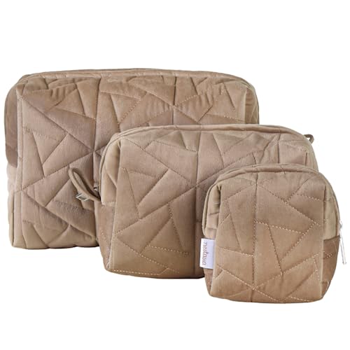 Nestasia Makeup Pouch, Organizer, Kit – Beige | Perfect for Makeup Brush Set, Toiletry Kit, Lipsticks, Foundation, Bathroom Accessories | Quilted Pouch for Girls | Different Sizes (Set of 3)