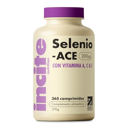 Incite Nutrition Tabletas de Selenio 200 µg. Suministro de 12 Meses de Minerales Esenciales. Suplemento con Vitaminas A, C y E para el Apoyo a la Tiroides y el Estrés Oxidativo. Apto para Veganos