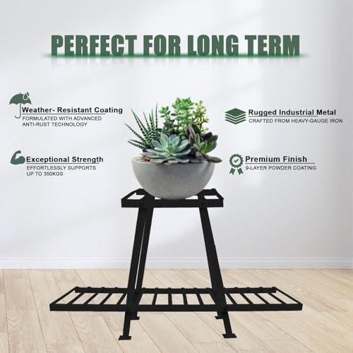 Image of Oriley 2-Tier Plant Stand Anti-Rust Metal Flower Pot Holder Outdoor and Indoor Planters Gamla Stands for Balcony & Living Room Home Decor (Pack of 1, Black)