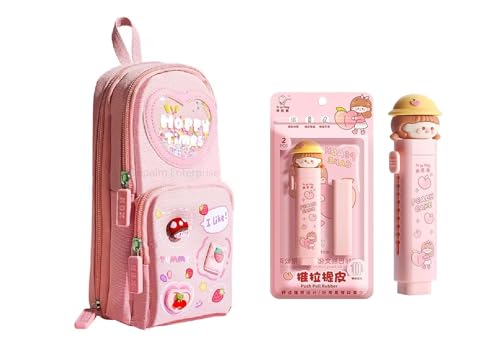 Image of Kawaii Cute Pink Stationery Set for Girls | Kawaii Backpack Pencil Pouch with Happy Times Design & Peach Doll Pull Rubber Eraser | Ideal Gift for School Kids (Pink)