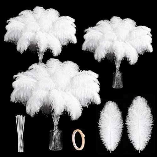 Piokio 100pcs Natural White Ostrich Feathers, 14-16'' 12-14'' 10-12'' 8-10''
