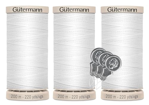Gutermann Hand Quilting Thread - 100% Mercerized Cotton - 220 Yards - 738219-3 Pack Bundle with 3 Bellas Crafts Needle Threaders (White - 5709)