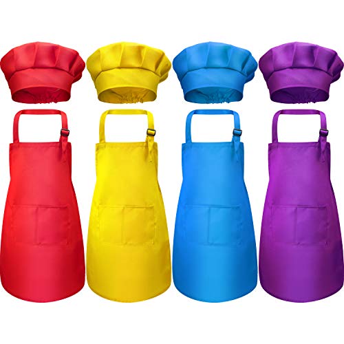 8 Piezas Delantal para Niños y Conjunto de Gorro de Cocinero Delantales Ajustables de Algodón para Niños con 2 Bolsillos Delantal de Cocina para Cocinar Cocinar Ropa (Color 3, Pequeño)