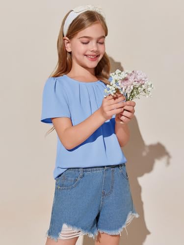 Image of Girls Shirts Summer Short Sleeve Cute Tops Chiffon Pleated Blouses 5-14 Years