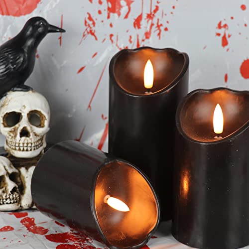 Image of Eldnacele Black Flameless Candles Battery Operated with 6 Hour Timer, Set of 3 Real Wax LED Pillar Candles Realistic 3D Wick Flickering Dinner Party Halloween Indoor Decoration(3 inchD x 4 inch5 inch6 inchH)