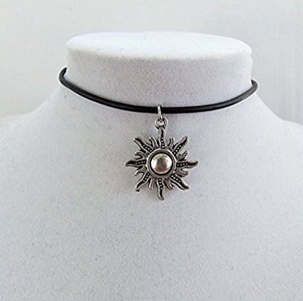 90s grunge sun choker, sun necklace, leather choker, leather necklace, custom jewelry, sol necklace, affordable gifts, celestial necklace