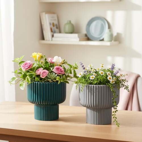 Image of Xtore Striking Ribbed Ceramic Planter Set for Indoor Plants | Contemporary Decorative Flower Pots for Living Room, Office Desk, Shelf & Tabletop Greenery (Set of 2, Teal Green & Grey, Planters only)