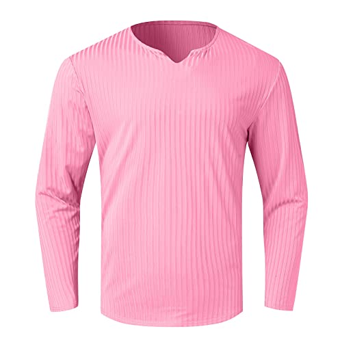 Bmisegm Slim Fit T Shirts For Men Male Spring And Summer Round Neck Tops With Solid Color Long Sleeve Casual Elastic Slim Pink #TOP1