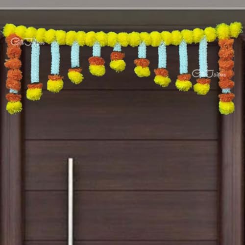 Gift Jaipur Handmade Door Hanging Yellow Orange Merigold Flower Door Bandarwal Toran (MG-01) - Diwali Ganpati Pooja New Year Inauguration Wedding Festival Home Decor (40 Inch X 12 Inch)