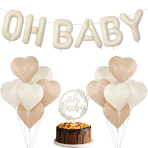 Baby Shower Balloons 19 Pcs,Baby Shower Decorations,6 Beige OH BABY Balloon and 12 Love Balloon and 1 Wooden Socket Strip for Gender Reveal Backdrop Party Decorations
