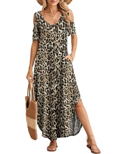 Image of BELAROI Womens Cold Shoulder Maxi Dress Plus Size V Neck Summer Sundresses with Pockets Beach Coverup Vacation Outfits