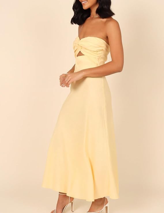 Image of Women Strapless Twist Front Midi Linen Cutout Wedding Guest Dress | Sexy,Sweetheart Neckline,Tube,Long,2026 Summer,Vacation,Formal,Cocktail,Bridesmaid,Party,Baby Shower,Beach,Elegant,Evening
