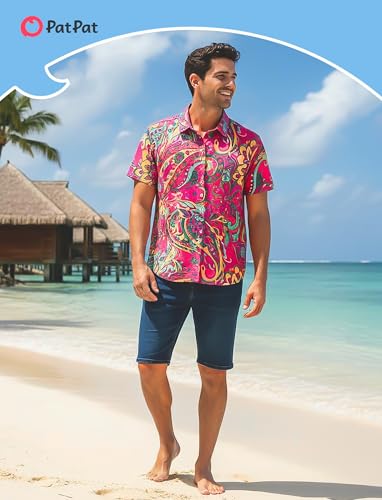 Image of PATPAT Family Hawaiian Matching Outfits - Mommy and Me Vacation Outfits | Halter Sundresses and Button Down Shirts,Caribbean Vacation Summer Tropical Outfits,Hawaiian Boho Tropical Floral Printed