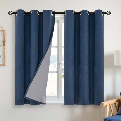 YoungsTex Navy Blue Linen Blackout Curtains 45 Inch Length for Bedroom, Short Thermal Insulated Drapes with Grommet Darkening Privacy for Living Room Windows, 2 Panels, 42 X 45 Inch