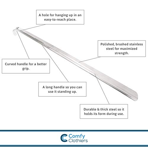 Comfy Clothiers - Perfect Metal Shoe Horn Long Handle - 23 Inch - Multifunctional Stainless Steel Stick For Seniors & Kids, Slip Shoe Helper For All Types Of Foot Wear, Easy To Use #TOP1