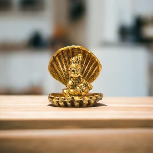 Image of KridayKraft Shri Krishna Sitting Under Seep Laddu Gopal with seep Base Metal Statue Showpiece Figurines,Religious Idol Gift Article.