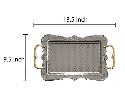 Baykul Turkish Ottoman Coffee Tea Beverage Silver Vintage Serving Square Tray, Luxury Metal Chrom Moroccan Decorative Breakfast Dinner Table, Ottoman Trays Extra Large (Silver) #TOP2