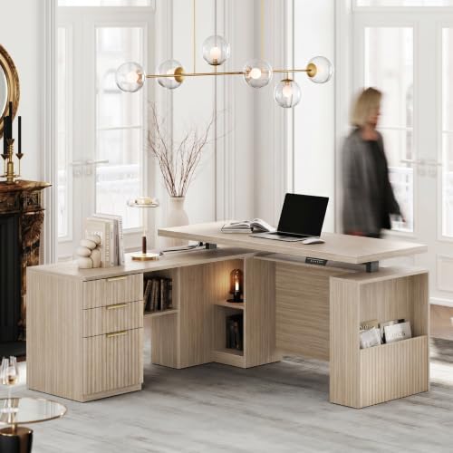 Image of 63 Inches L Shaped Electric Standing Desk, Height Adjustable Executive Desk with Drawers and File Cabinet, AC /USB, 1.18 inch Desktop and Privacy Panel for Home Office, Natural Walnut