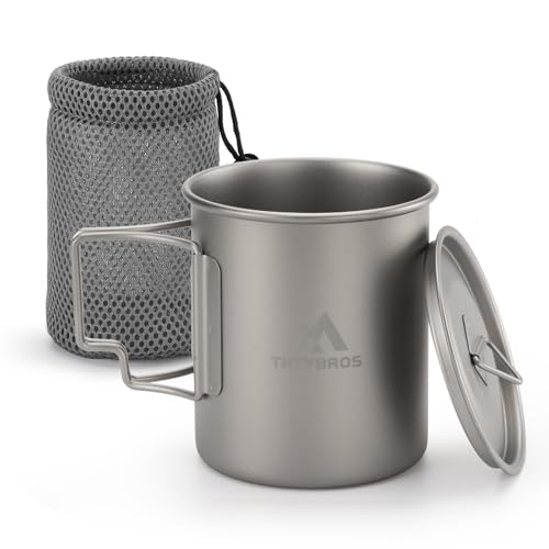 THTYBROS Titanium Cup 450ml (15oz) Ultralight Camping Mug with Foldable Handle & Lid Pure Titanium Cookware for Outdoor Hiking Backpacking Picnic and Campfire