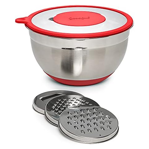 Goodful Stainless Steel Mixing Bowl with Non-Slip Bottom, Lid and 3 Interchangeable Grater Inserts (Fine, Coarse, Slicing), 5 Quart, Red Cover