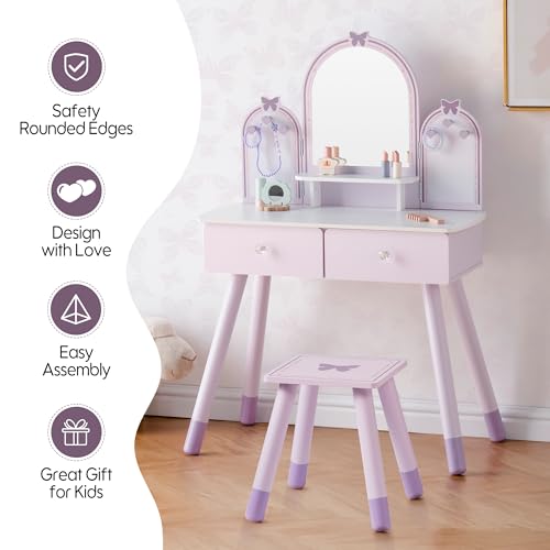 Image of ROBOTIME Purple Kids Vanity Set, Makeup Vanity Desk with Mirror, Chair and Storage Drawers, Little Girl Dressing Table with Stool for Toddlers Ages 3+