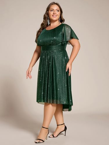 Ever-Pretty Plus Women's Round Neck Glitter Elastic Band Back Short Sleeves Midi Plus Size Formal Wedding Guest Dresses4